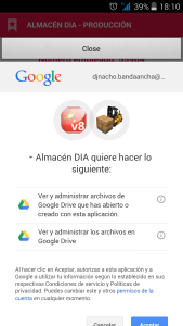 Cuadro para aceptar que Almacén DIA pueda usar el espacio de Google Drive del usuario